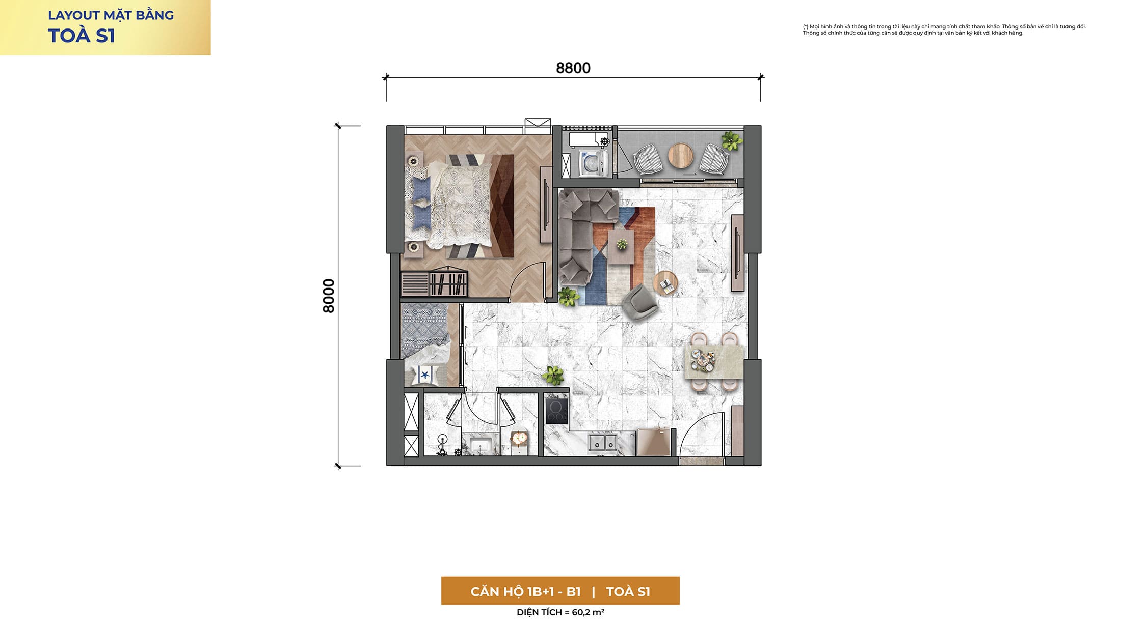 Layout thiết kế căn hộ 1 Phòng Ngủ, Loại 1B+1-B1, Tòa S1 tại dự án Sun Symphony Residence Đà Nẵng.