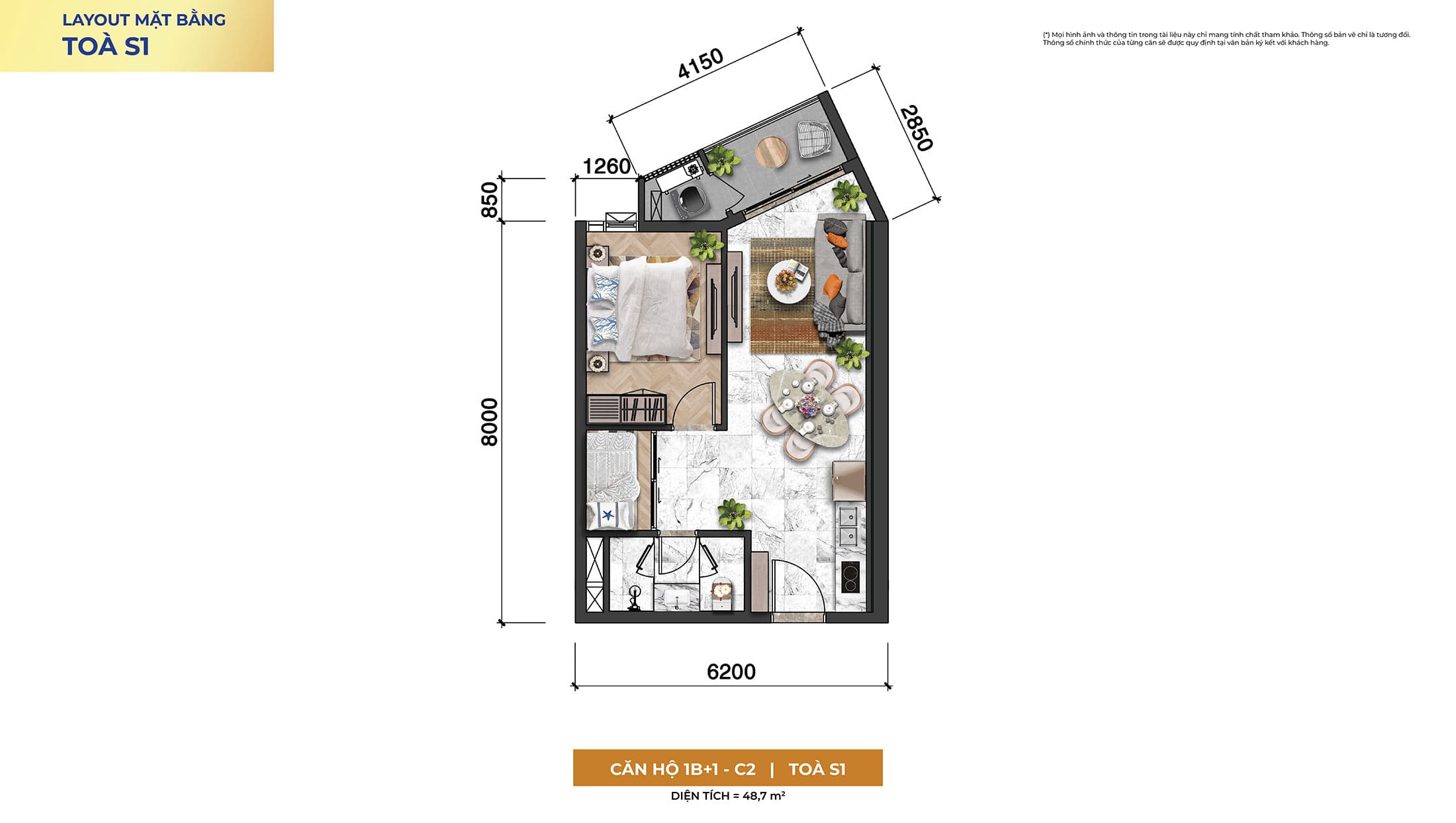 Layout thiết kế căn hộ 1 Phòng Ngủ, Loại 1B+1-C2, Tòa S1 tại dự án Sun Symphony Residence Đà Nẵng.