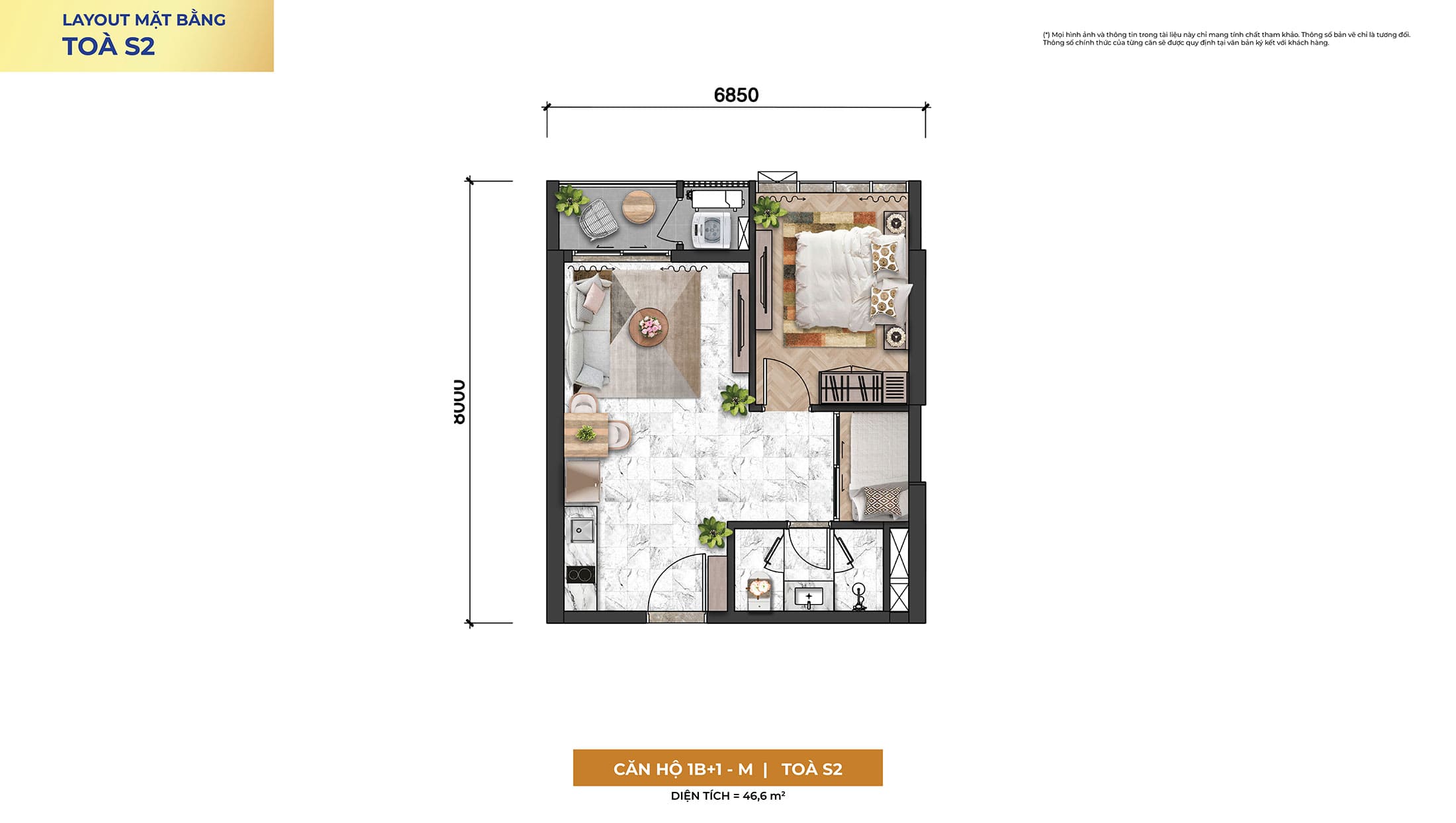 Layout thiết kế căn hộ 1 Phòng Ngủ, Loại 1B+1-M, Tòa S2 phân khu The Symphony dự án Sun Symphony Residence Đà Nẵng.
