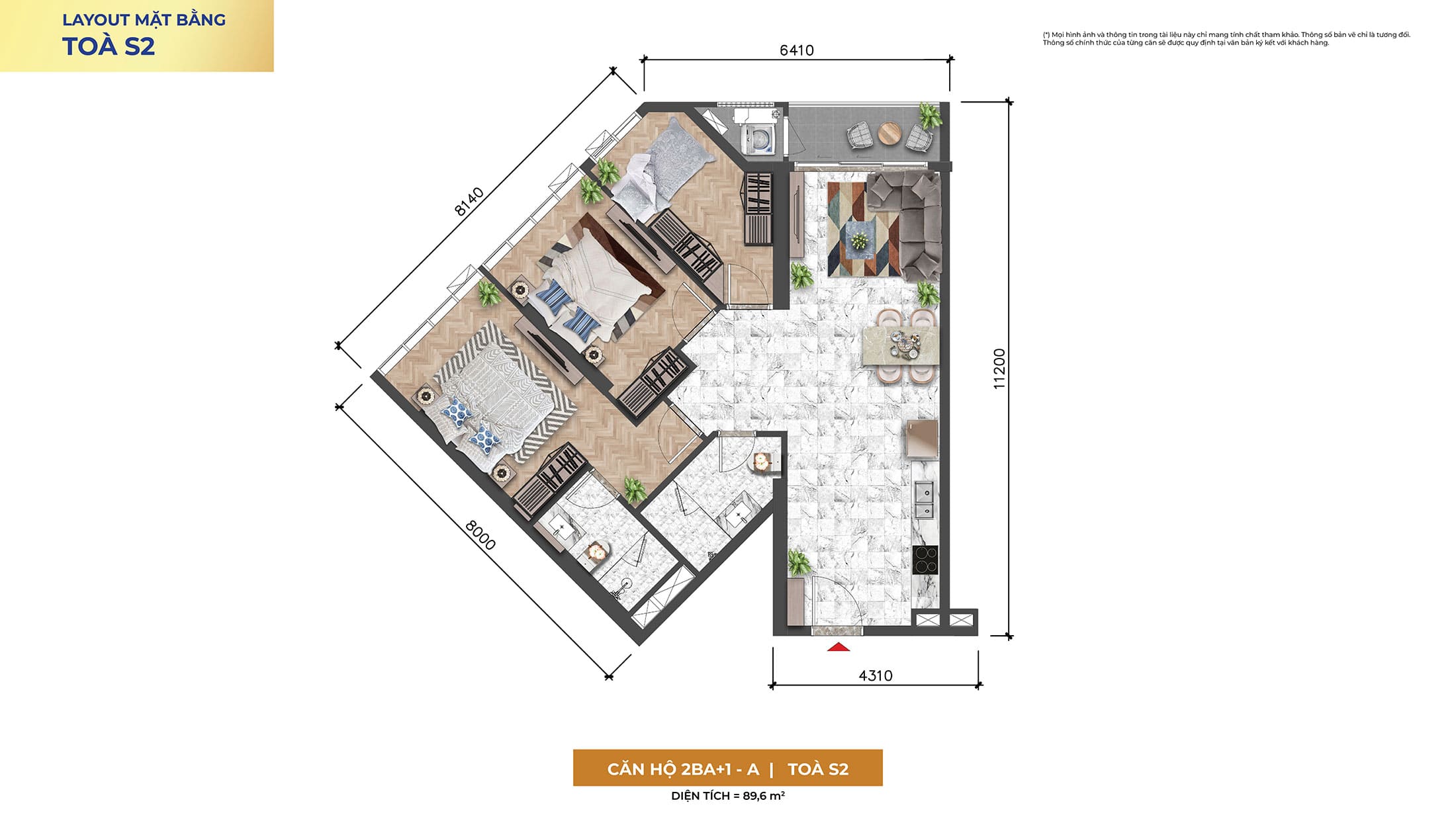 Layout thiết kế căn hộ 2 Phòng Ngủ +1, Loại 2BA+1-A, Tòa S2 phân khu The Symphony dự án Sun Symphony Residence Đà Nẵng.