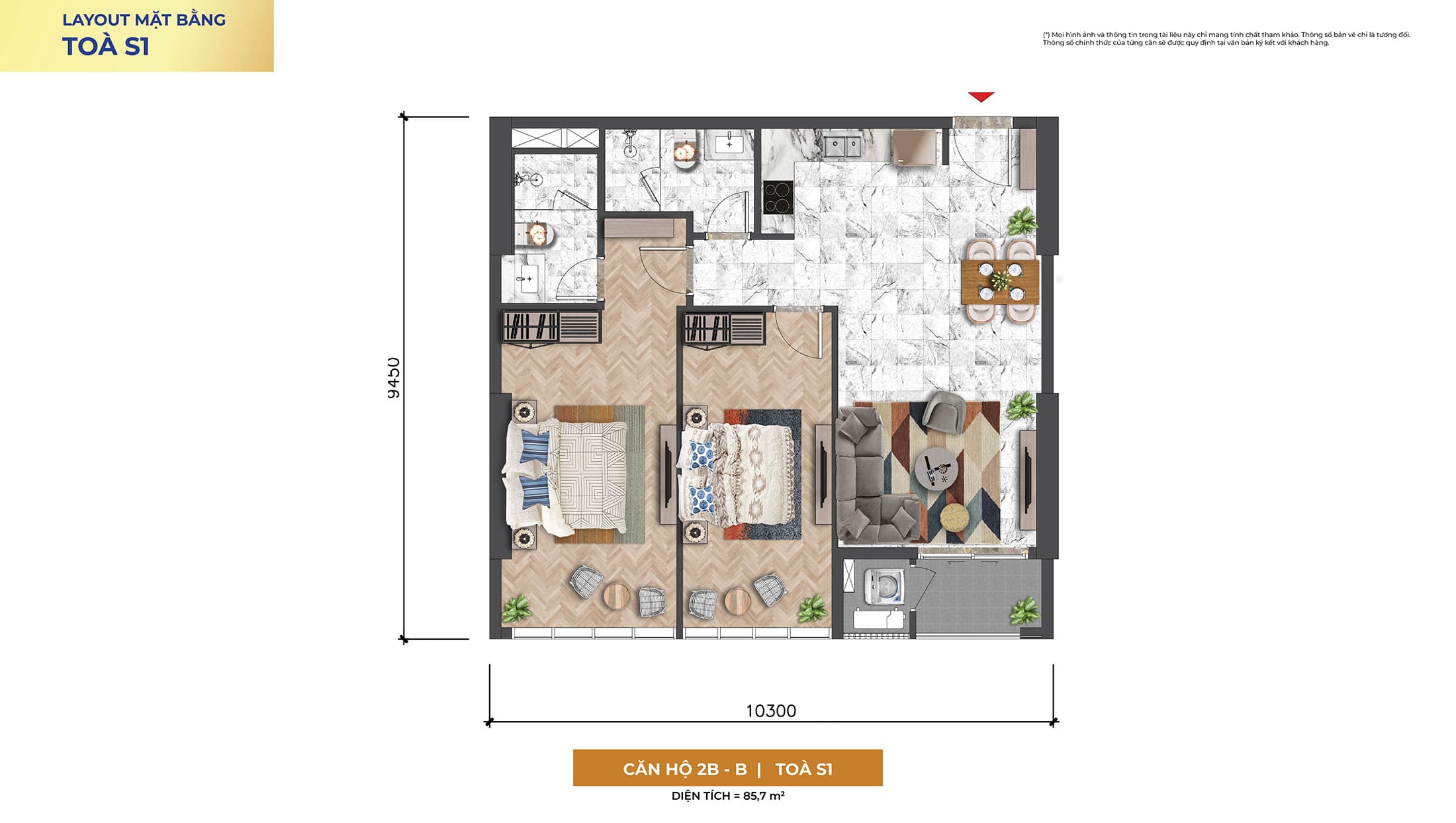Layout thiết kế căn hộ 2 Phòng Ngủ, Loại 2B-B, Tòa S1 tại dự án Sun Symphony Residence Đà Nẵng.