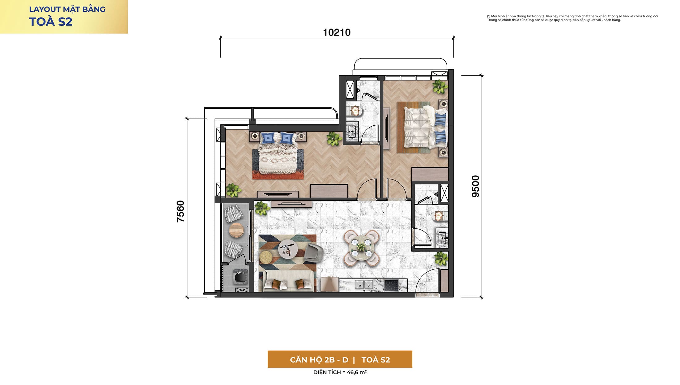 Layout thiết kế căn hộ 2 Phòng Ngủ, Loại 2B-D, Tòa S2 phân khu The Symphony dự án Sun Symphony Residence Đà Nẵng.