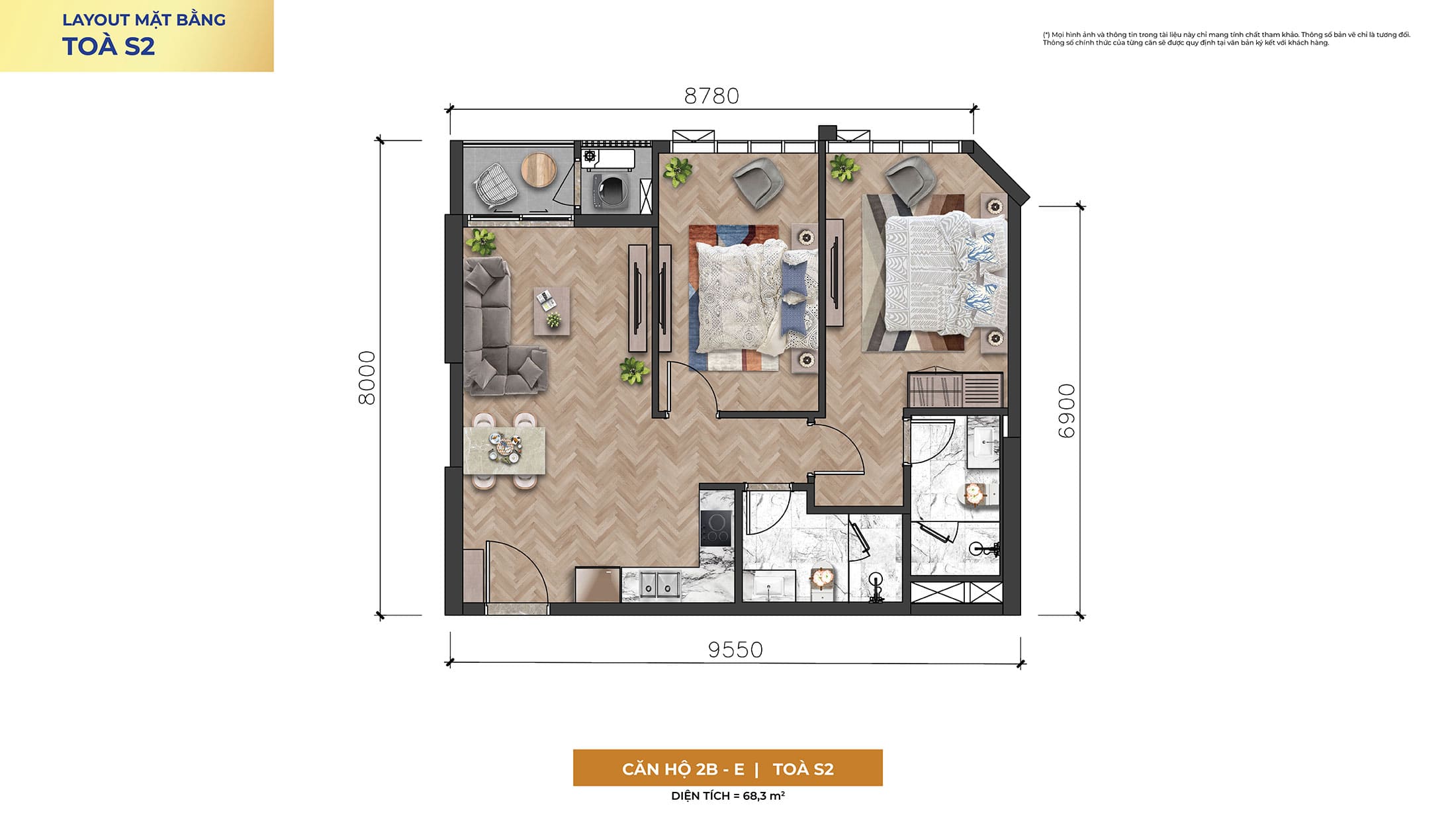 Layout thiết kế căn hộ 2 Phòng Ngủ, Loại 2B-E, Tòa S2 phân khu The Symphony dự án Sun Symphony Residence Đà Nẵng.