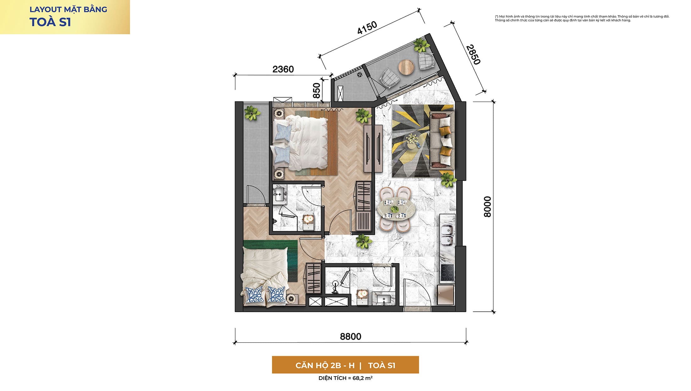 Layout thiết kế căn hộ 2 Phòng Ngủ, Loại 2B-H, Tòa S1 tại dự án Sun Symphony Residence Đà Nẵng.