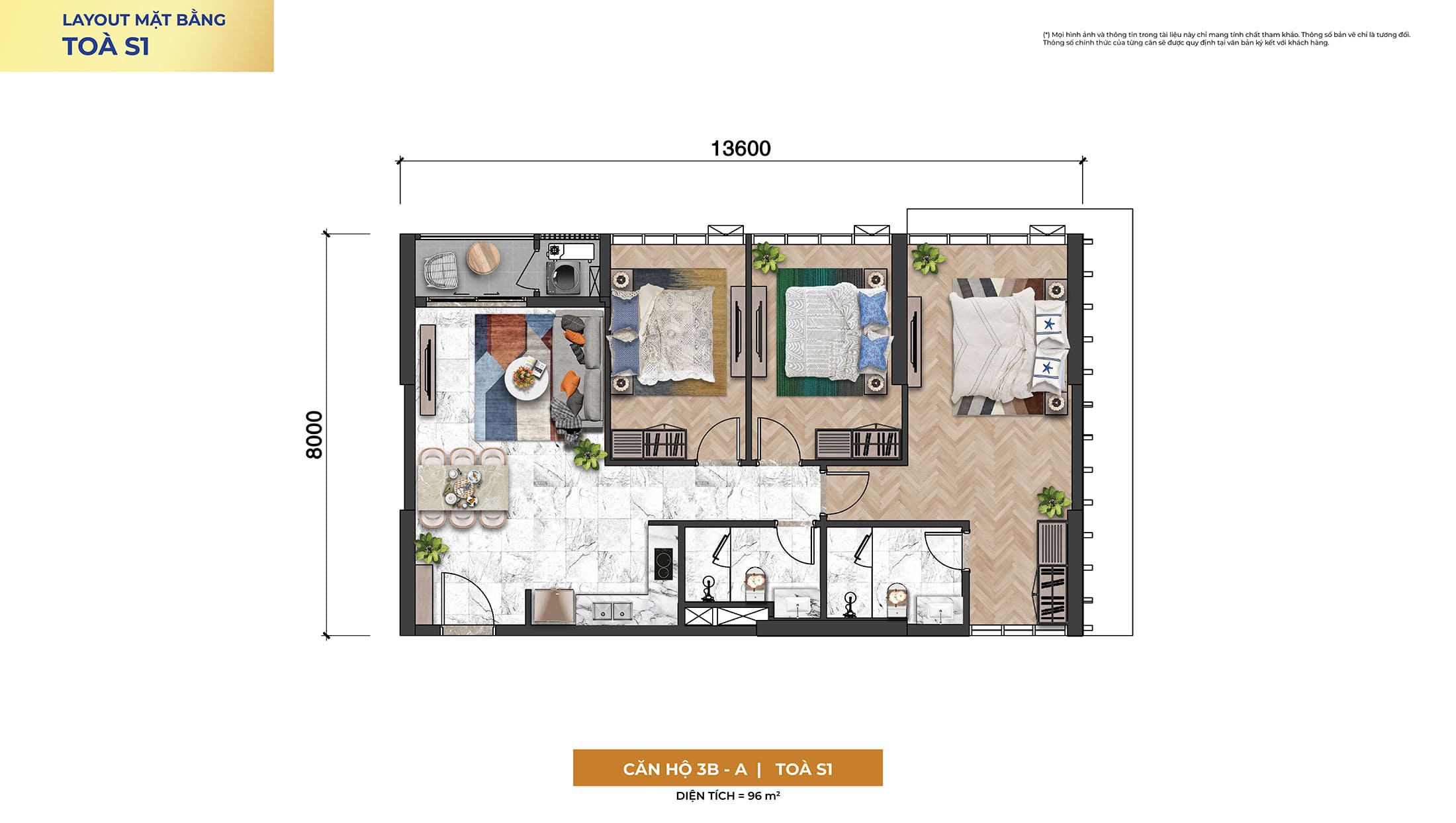 Layout thiết kế căn hộ 3 Phòng Ngủ, Loại 3B-A, Tòa S1 tại dự án Sun Symphony Residence Đà Nẵng.