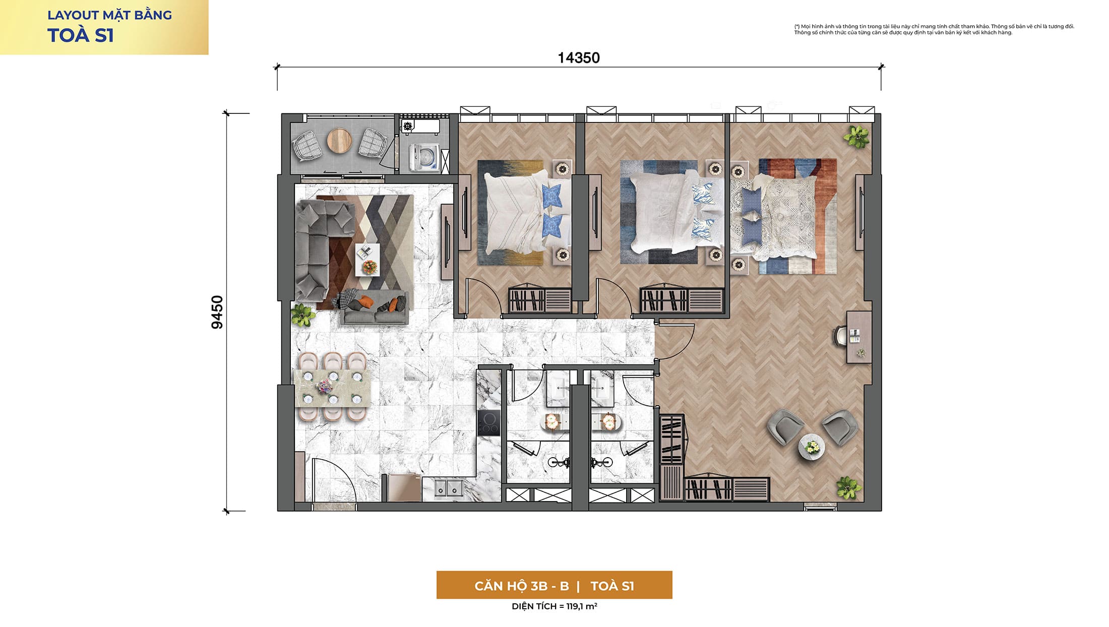 Layout thiết kế căn hộ 3 Phòng Ngủ, Loại 3B-B, Tòa S1 tại dự án Sun Symphony Residence Đà Nẵng.