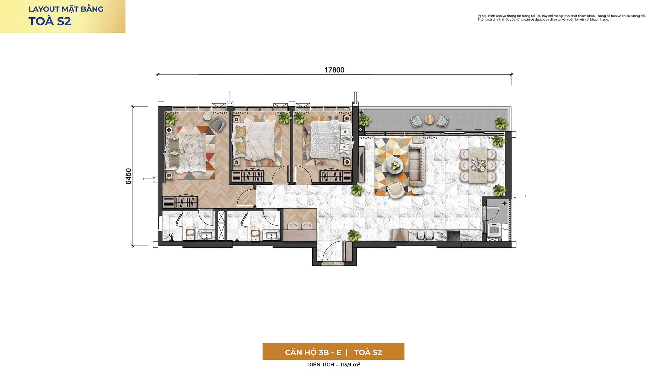 Layout thiết kế căn hộ 3 Phòng Ngủ, Loại 3B-E, Tòa S2 phân khu The Symphony dự án Sun Symphony Residence Đà Nẵng.