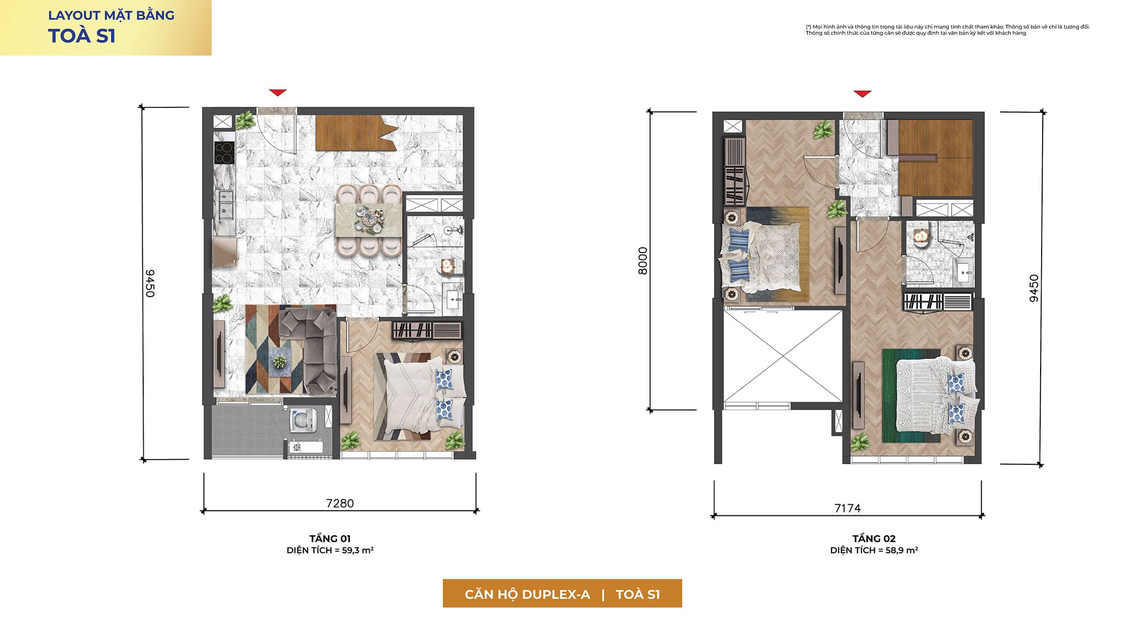 Layout thiết kế căn hộ Duplex, Loại DUPLEX-A, Tòa S1 tại dự án Sun Symphony Residence Đà Nẵng.