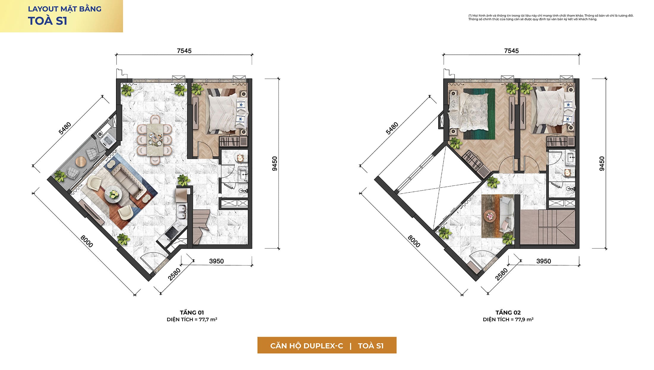 Layout thiết kế căn hộ Duplex, Loại DUPLEX-C, Tòa S1 tại dự án Sun Symphony Residence Đà Nẵng.