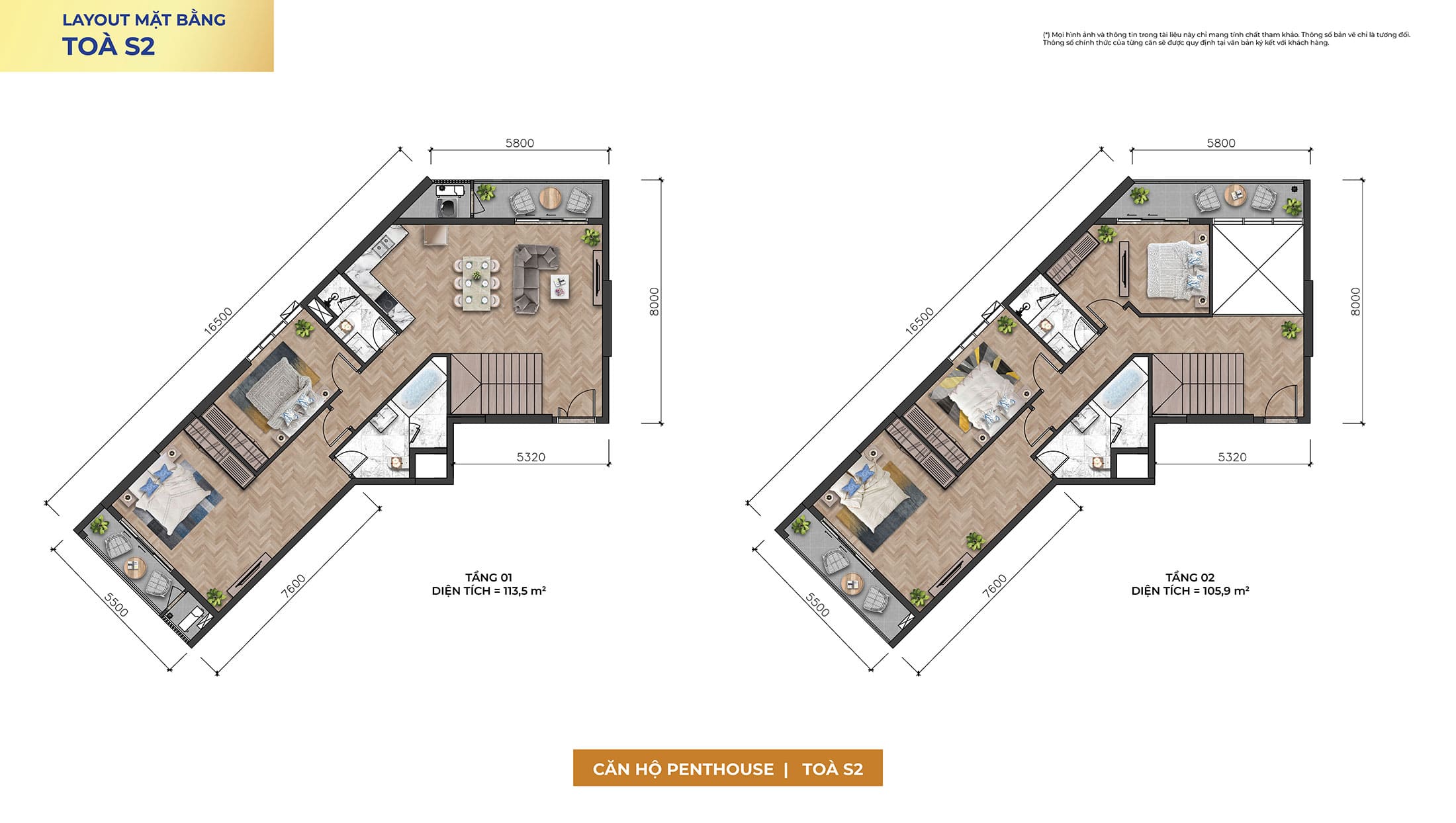 Layout thiết kế căn hộ Penthouse Tòa S2 phân khu The Symphony dự án Sun Symphony Residence Đà Nẵng.