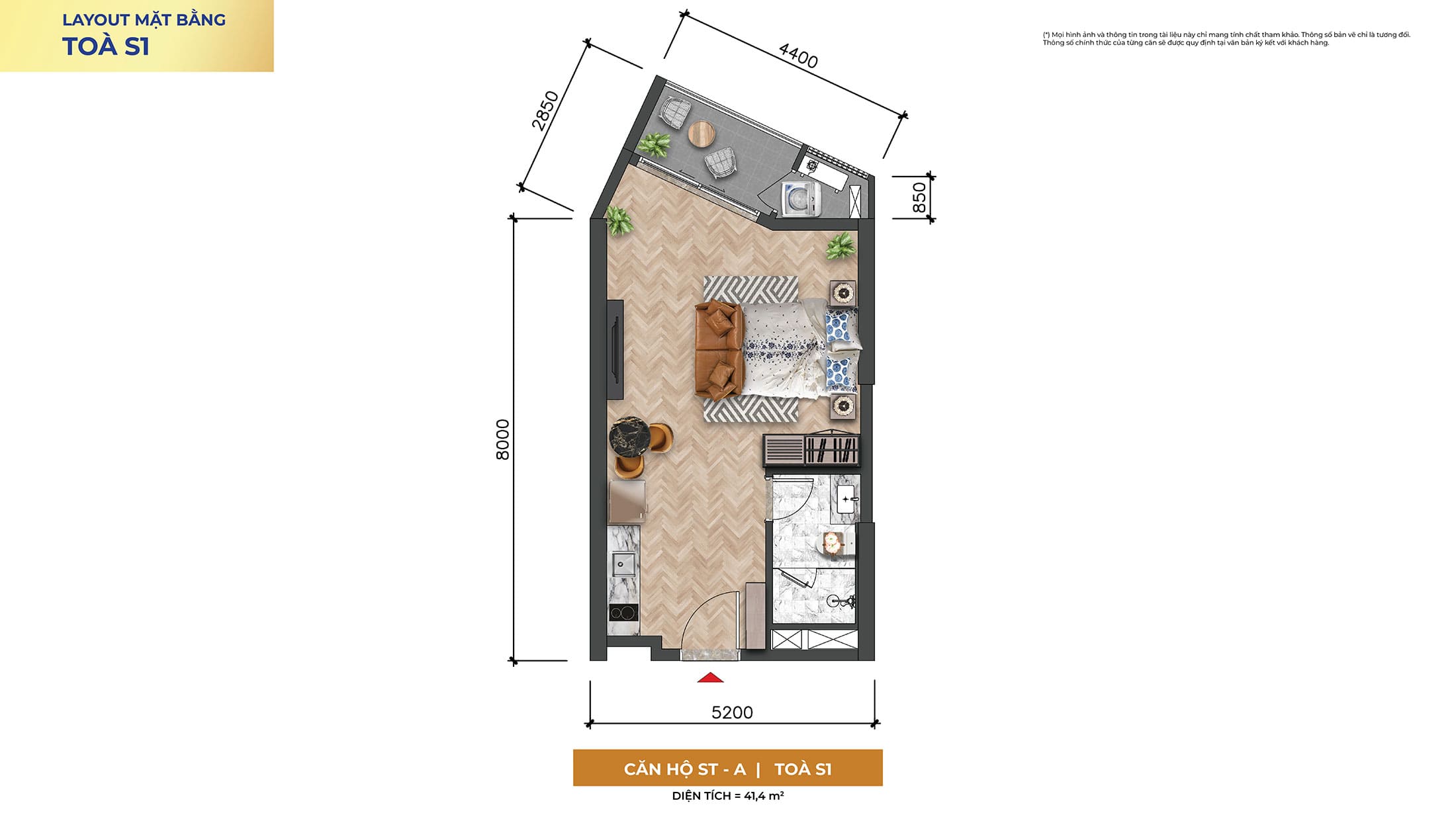 Layout thiết kế căn hộ Studio, Loại ST-A, Tòa S1 tại dự án Sun Symphony Residence Đà Nẵng.