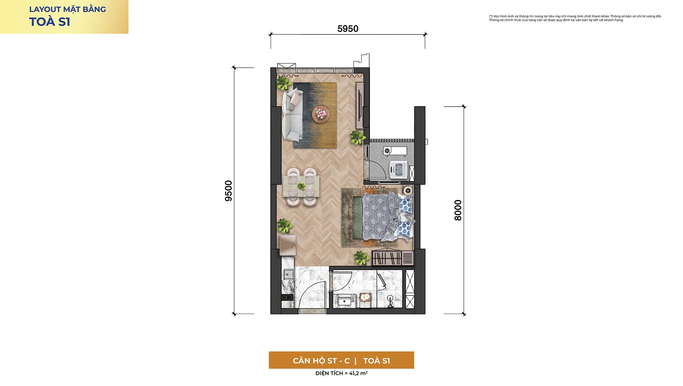 Layout thiết kế căn hộ Studio, Loại ST-C, Tòa S1 tại dự án Sun Symphony Residence Đà Nẵng.
