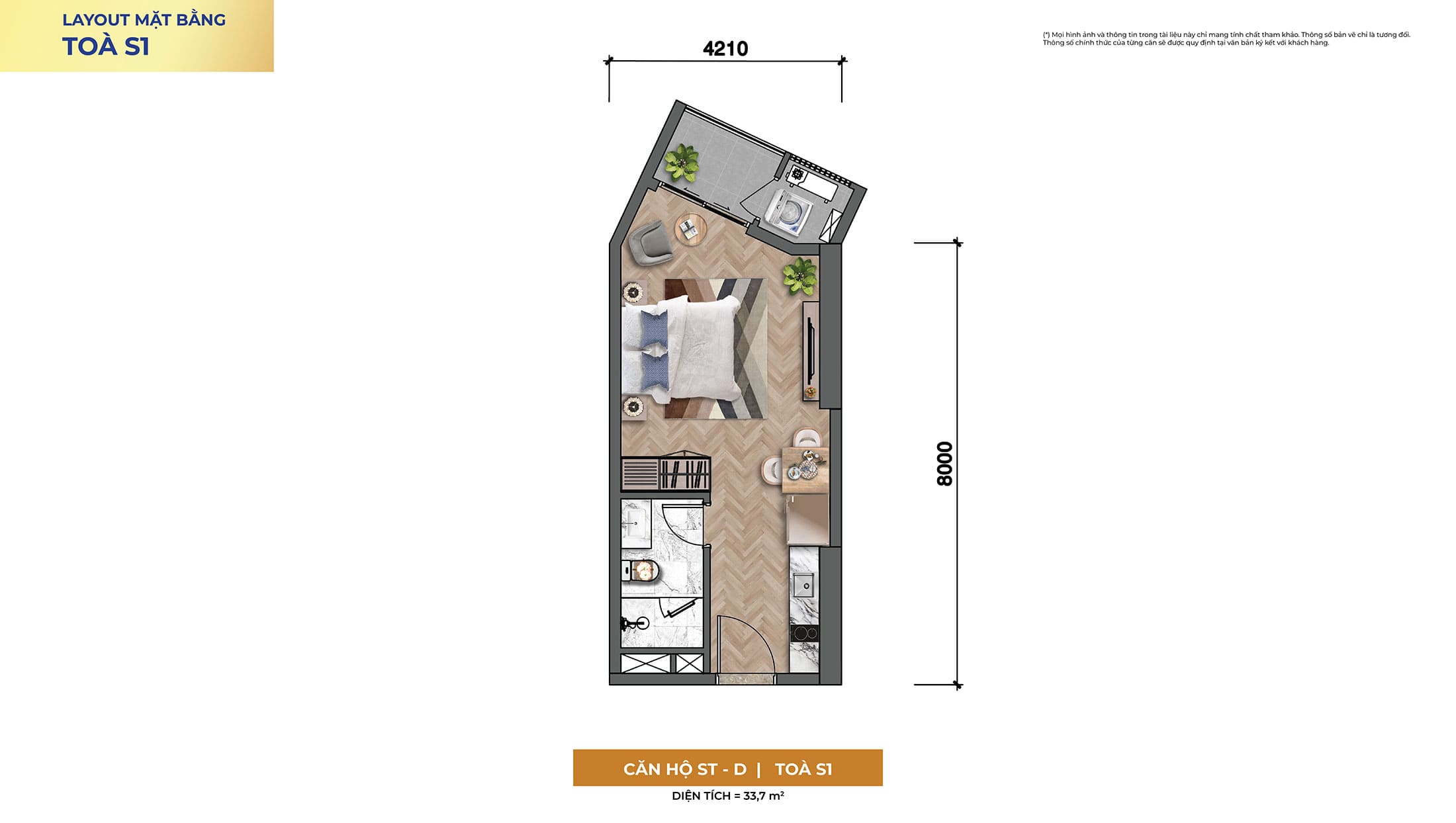Layout thiết kế căn hộ Studio, Loại ST-D, Tòa S1 tại dự án Sun Symphony Residence Đà Nẵng.