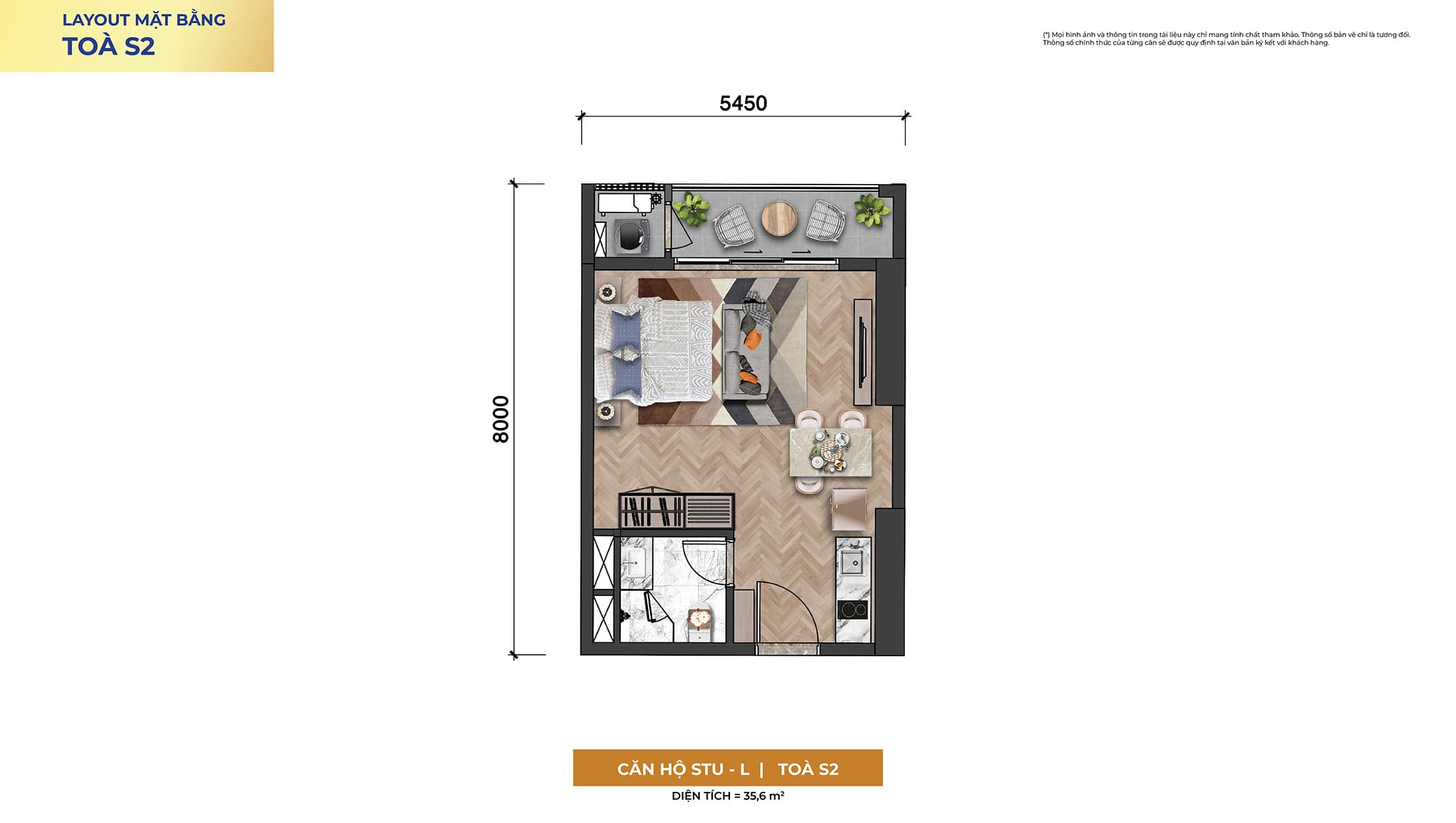 Layout thiết kế căn hộ Studio, Loại STU-L, Tòa S2 phân khu The Symphony dự án Sun Symphony Residence Đà Nẵng.
