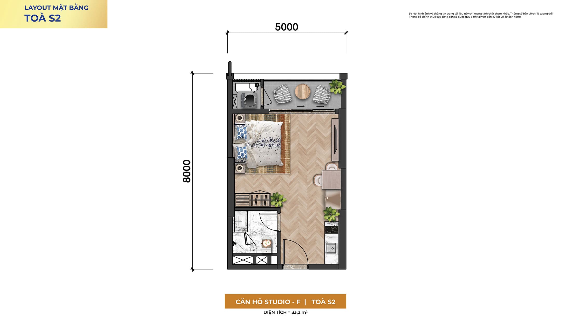 Layout thiết kế căn hộ Studio, Loại STUDIO-F, Tòa S2 phân khu The Symphony dự án Sun Symphony Residence Đà Nẵng.