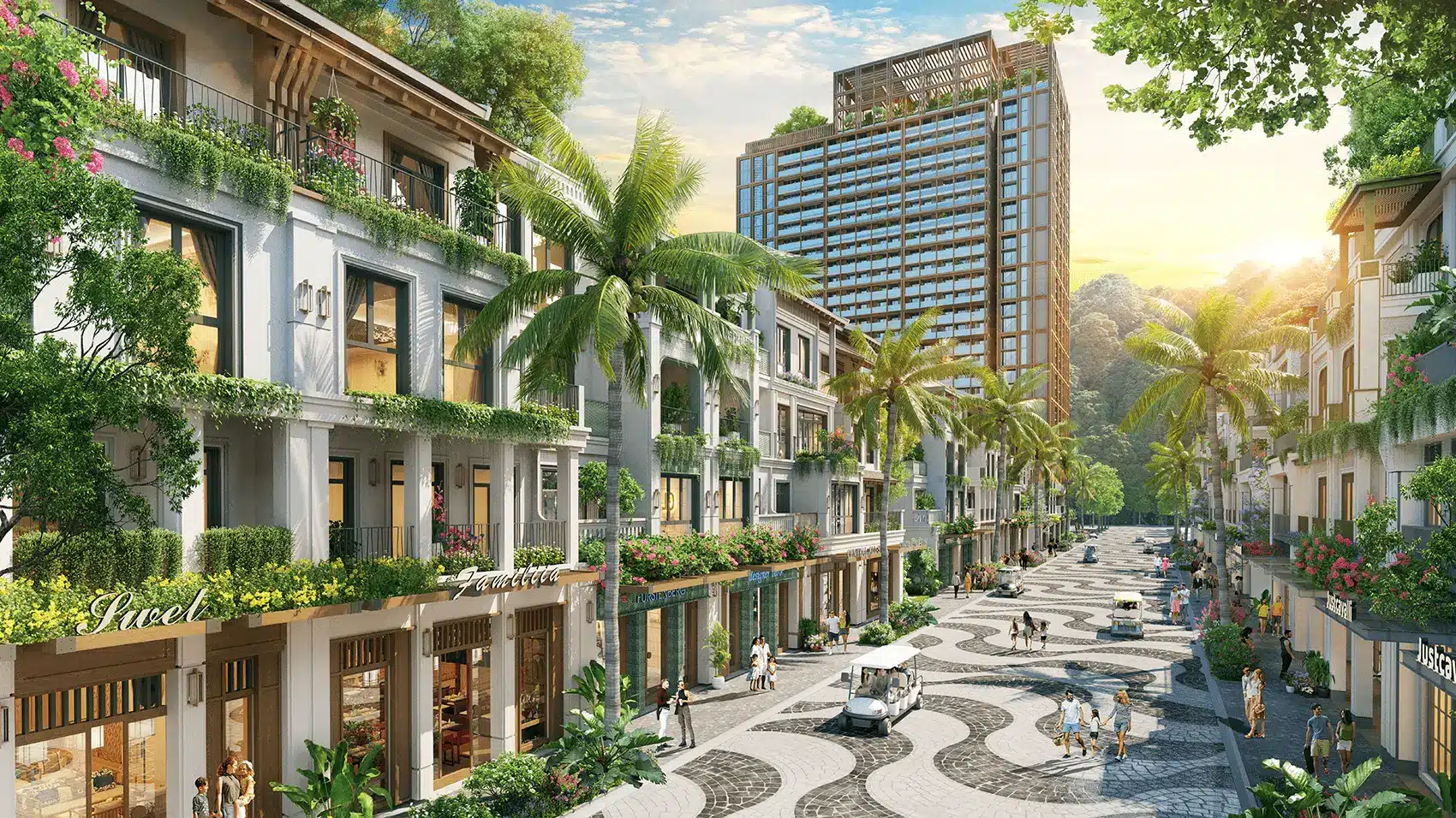 Phố đi bộ sôi động tại Xanh Island Cát Bà với kiến trúc độc đáo và dịch vụ đẳng cấp.