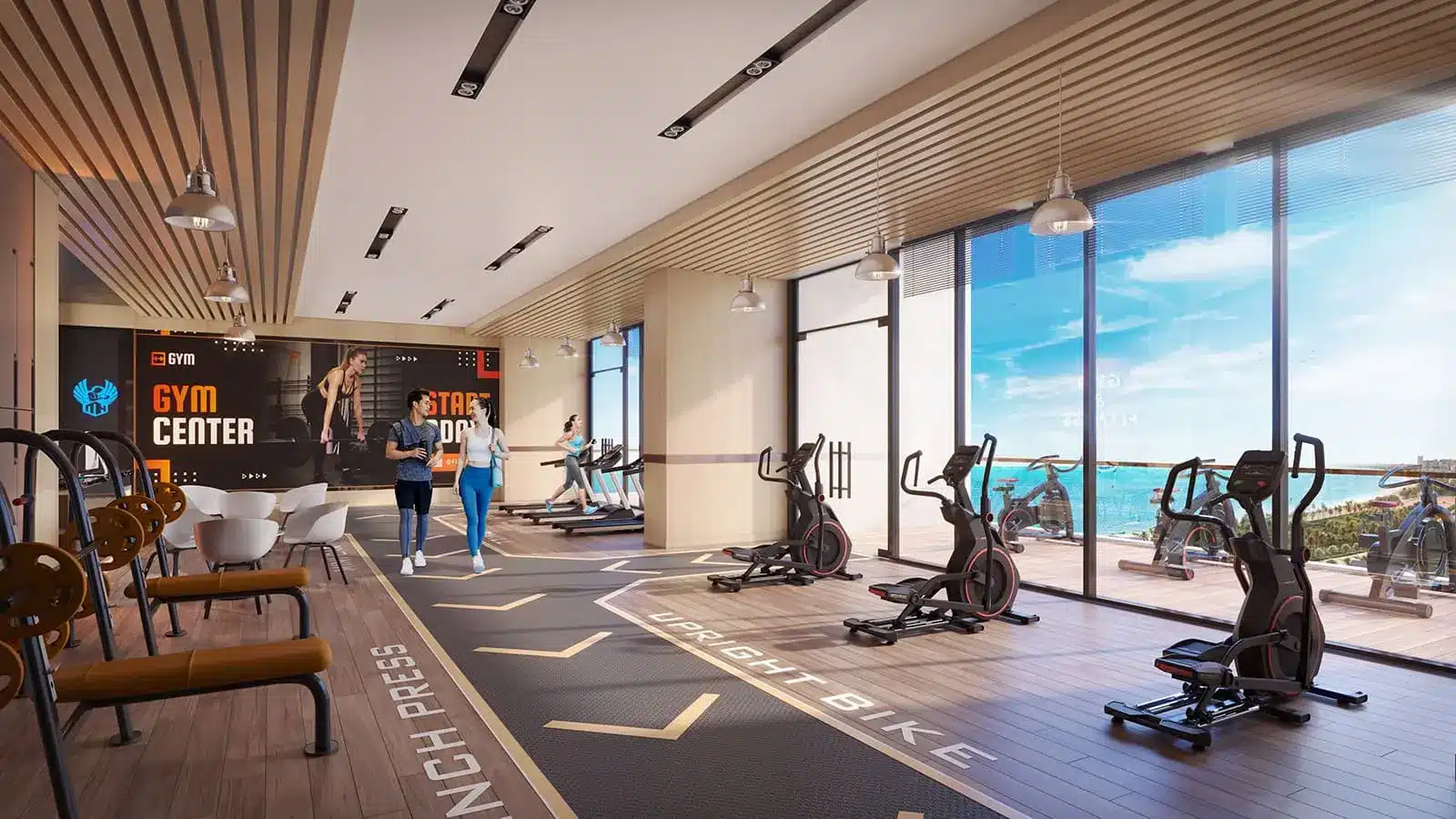 Phòng gym hiện đại với view biển tại Sun Costa Residences Đà Nẵng, mang đến trải nghiệm luyện tập đẳng cấp.